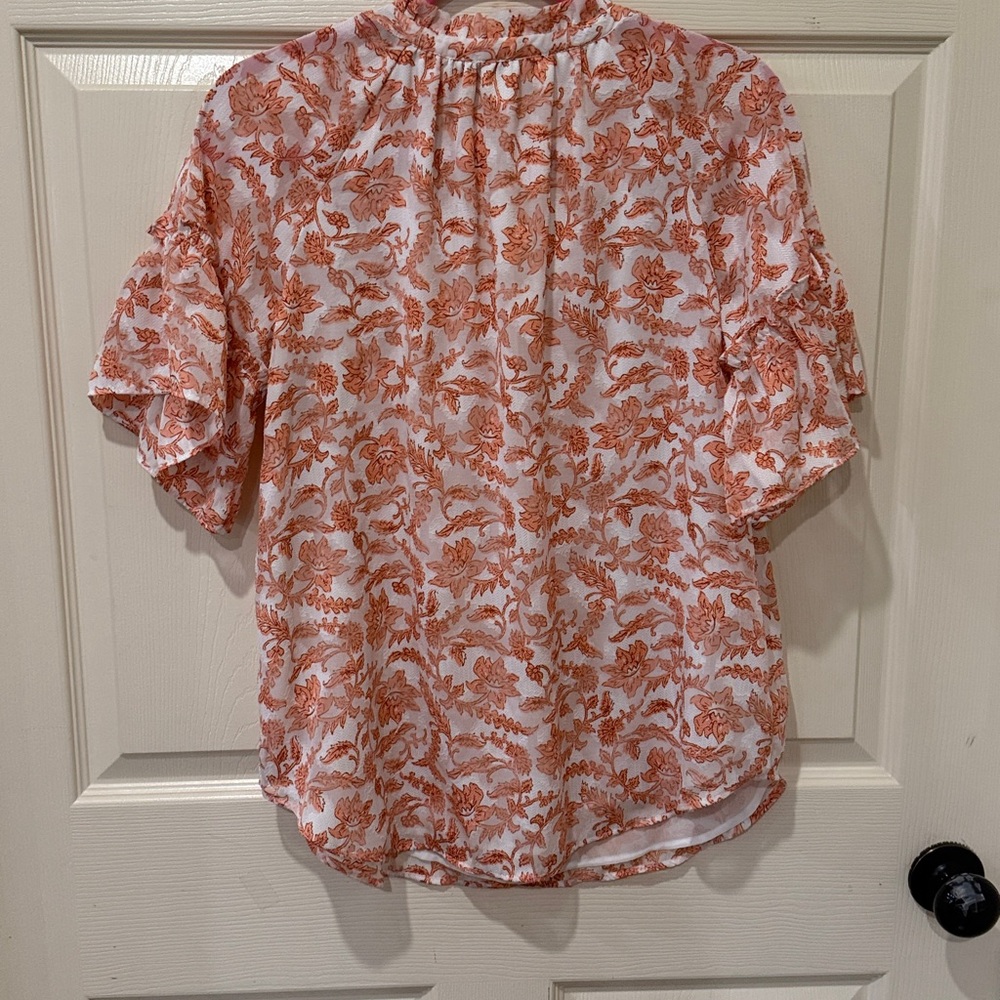 Loft floral coral ruffle cuff top, XSM - Picture 9 of 10